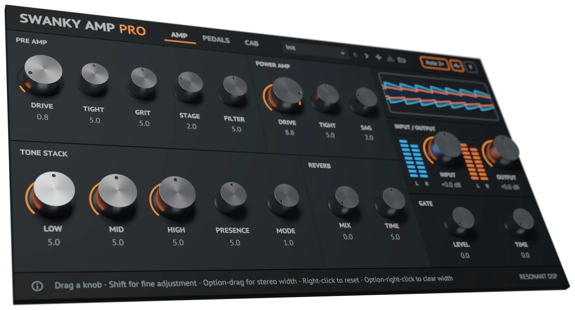 The complete Swanky Amp Pro interface as a tilted object, thirty degrees off frontal, with the amplifier, input and output, gate and waveform sections of its amp tab all legible